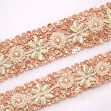 Peach and Ivory Floral Pearl & Sequin Embroidered Lace Border Trim