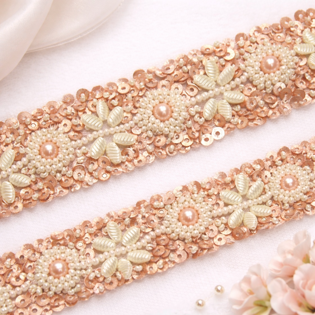 Peach and Ivory Floral Pearl & Sequin Embroidered Lace Border Trim