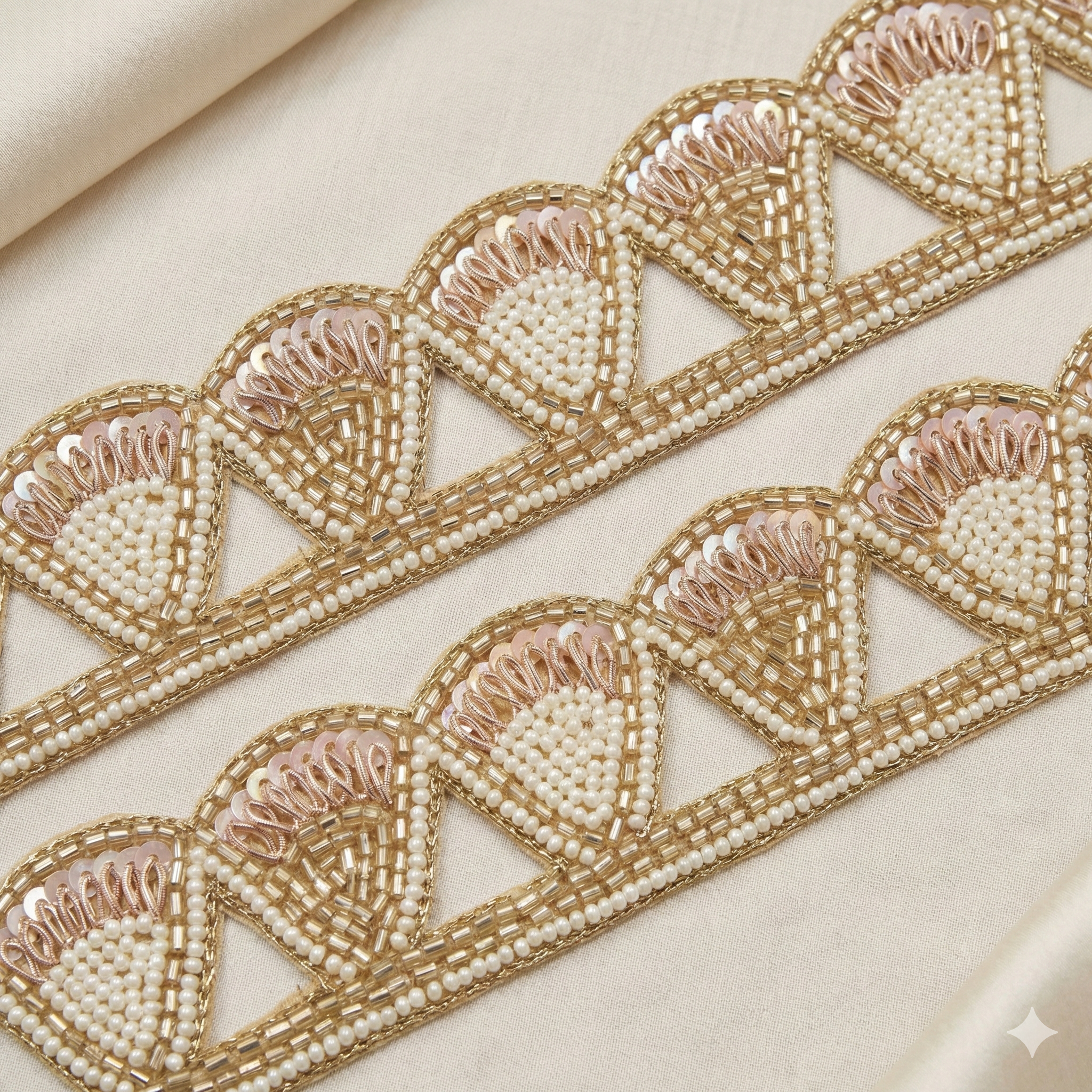 Handcrafted Scalloped Pearl & Zari Triangle Lace