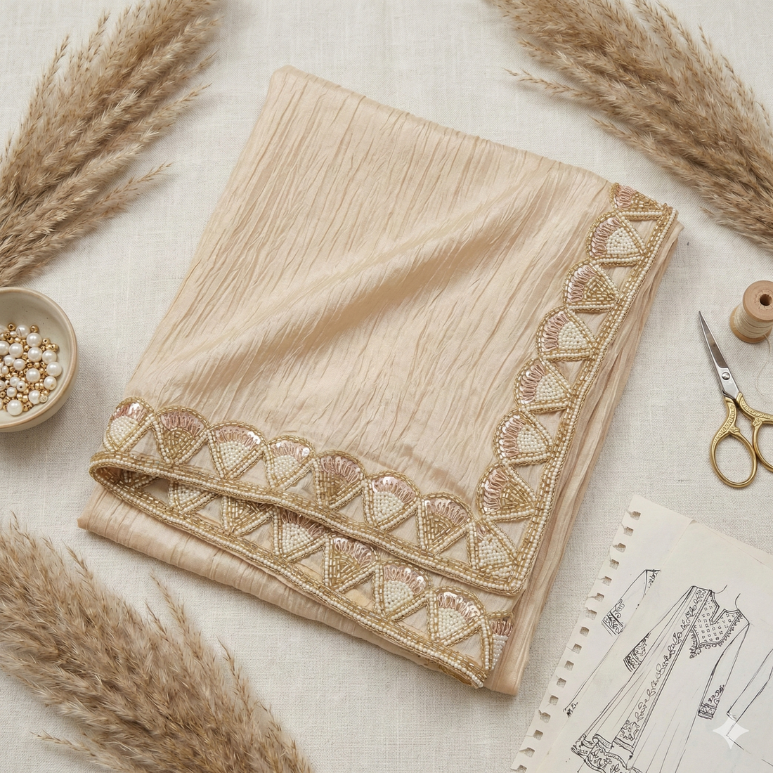 Handcrafted Scalloped Pearl & Zari Triangle Lace