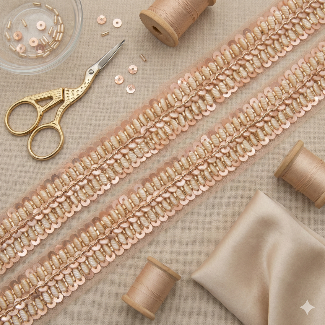 Handcrafted Pearl & Blush Sequin Linear Lace Trim