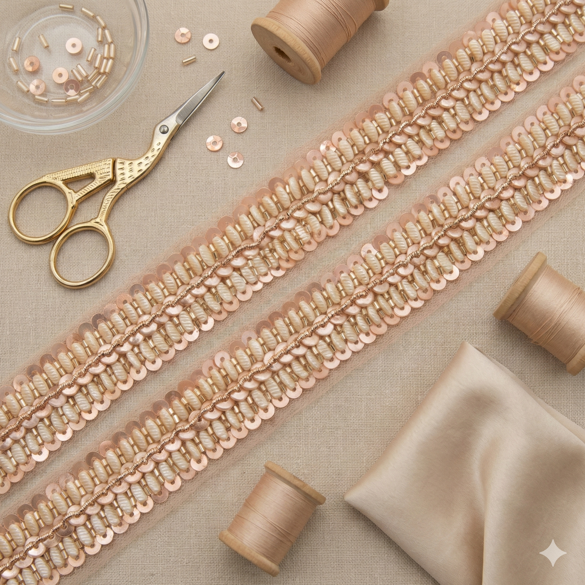 Handcrafted Pearl & Blush Sequin Linear Lace Trim