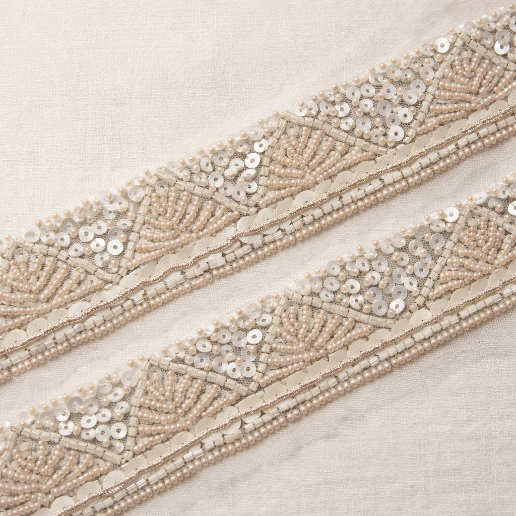 Peach Pearl and Sequin Embroidered Geometric Lace Border