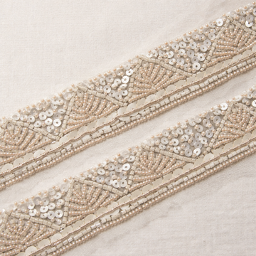 Peach Pearl and Sequin Embroidered Geometric Lace Border