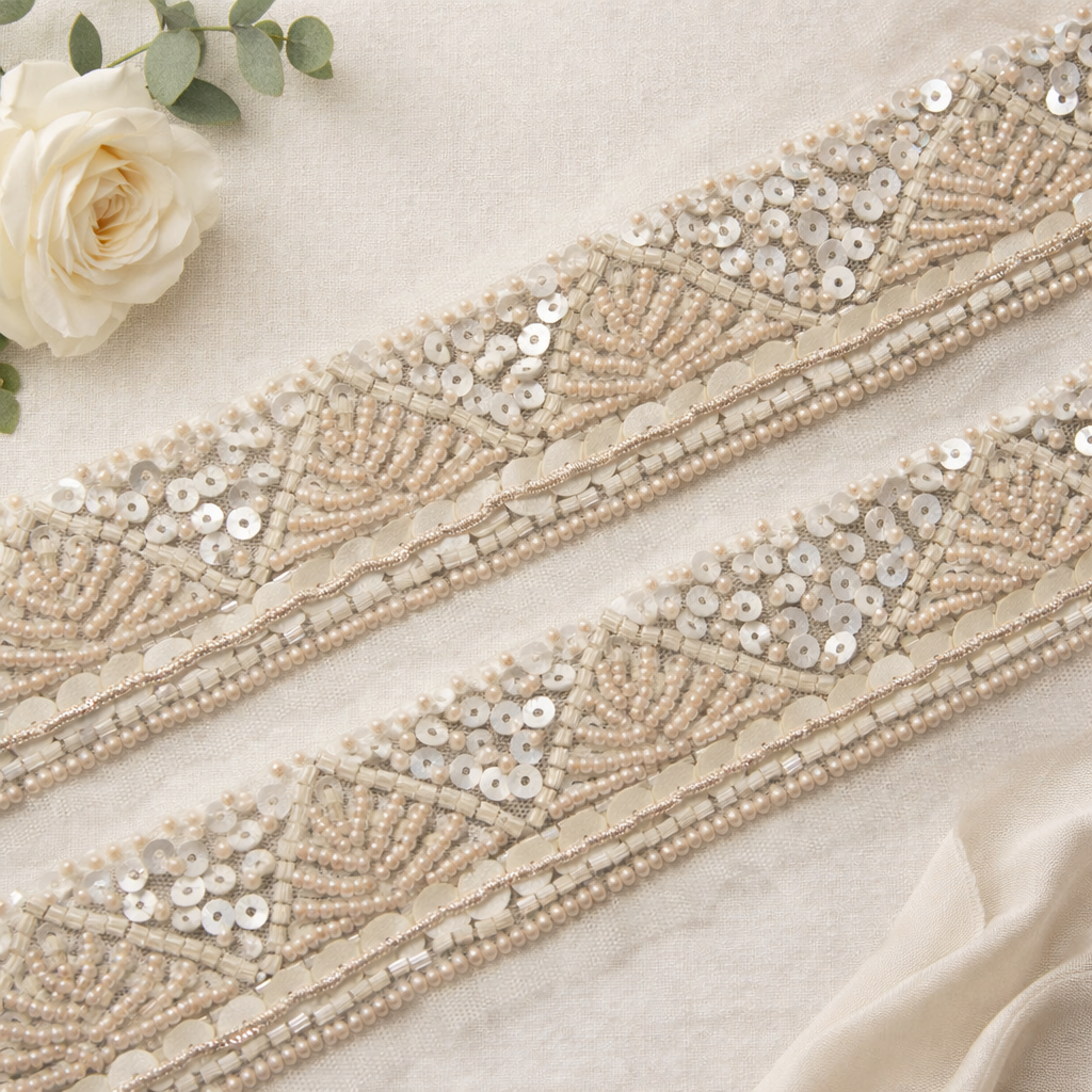 Peach Pearl and Sequin Embroidered Geometric Lace Border