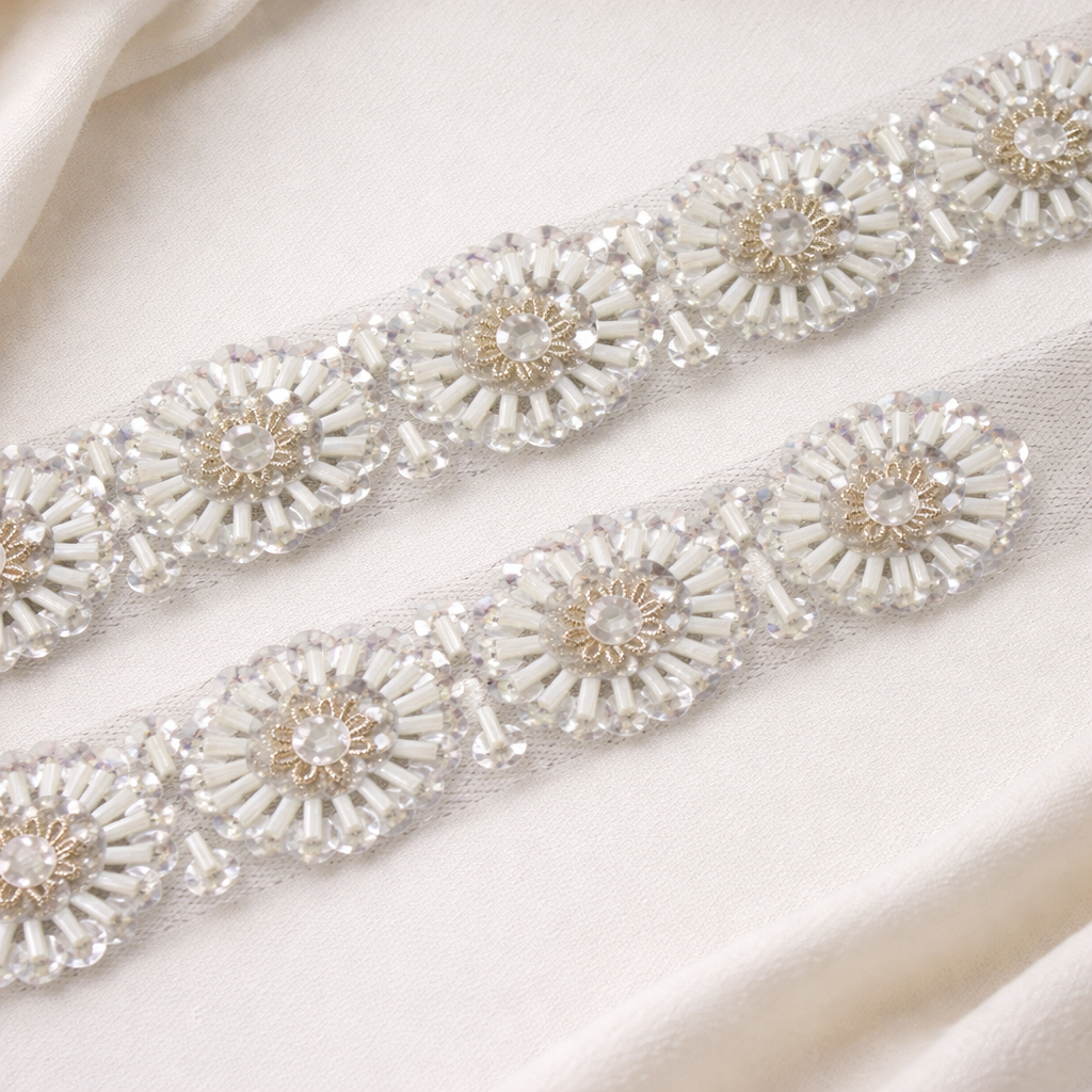 Ivory and Crystal Beaded Floral Embroidered Lace Border