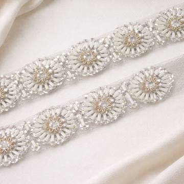 Ivory and Crystal Beaded Floral Embroidered Lace Border