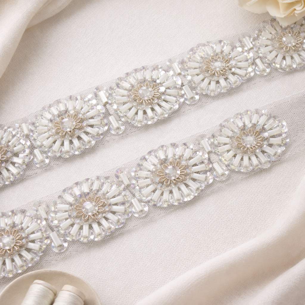 Ivory and Crystal Beaded Floral Embroidered Lace Border
