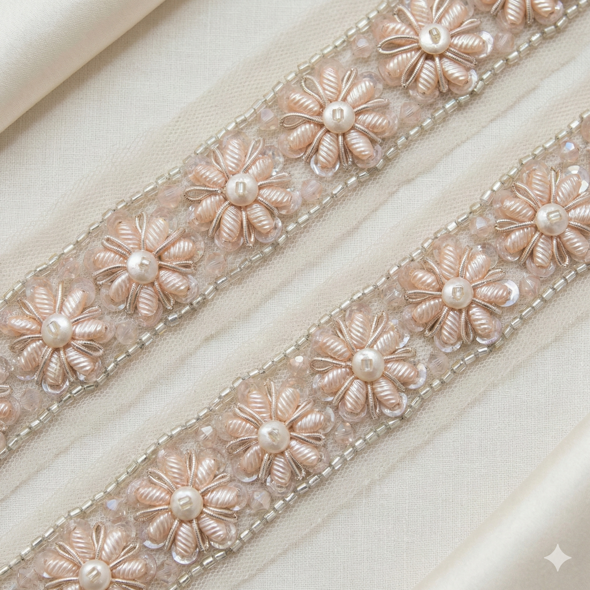 Blush Pink Floral Pearl and Beaded Embroidered Lace Trim