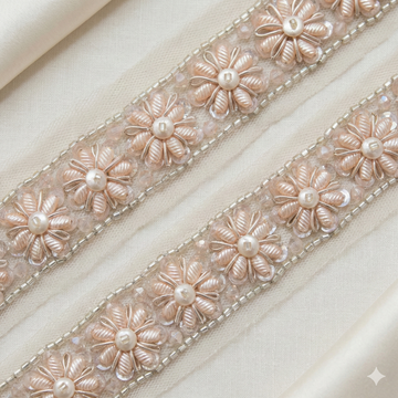 Blush Pink Floral Pearl and Beaded Embroidered Lace Trim