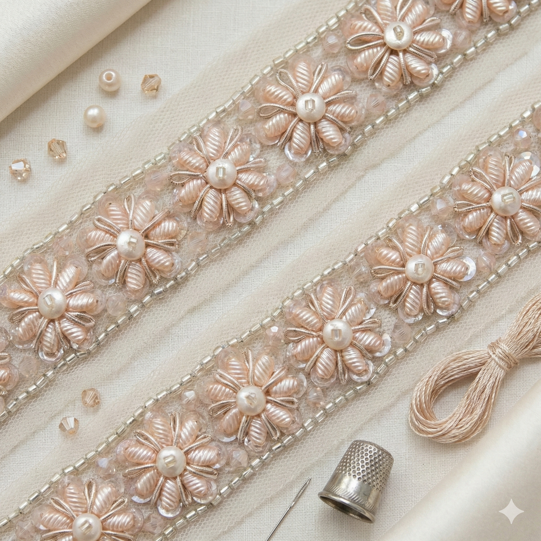 Blush Pink Floral Pearl and Beaded Embroidered Lace Trim