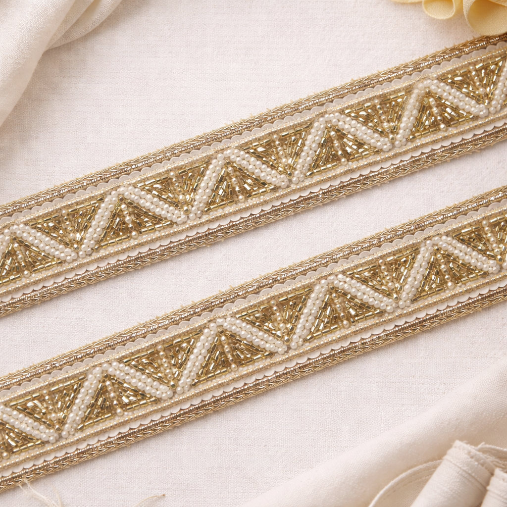 Handcrafted Pearl & Zari Geometric Lace Border