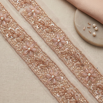 Rose Gold Floral Beaded, Sequin & Stone Embroidered Lace Border Trim