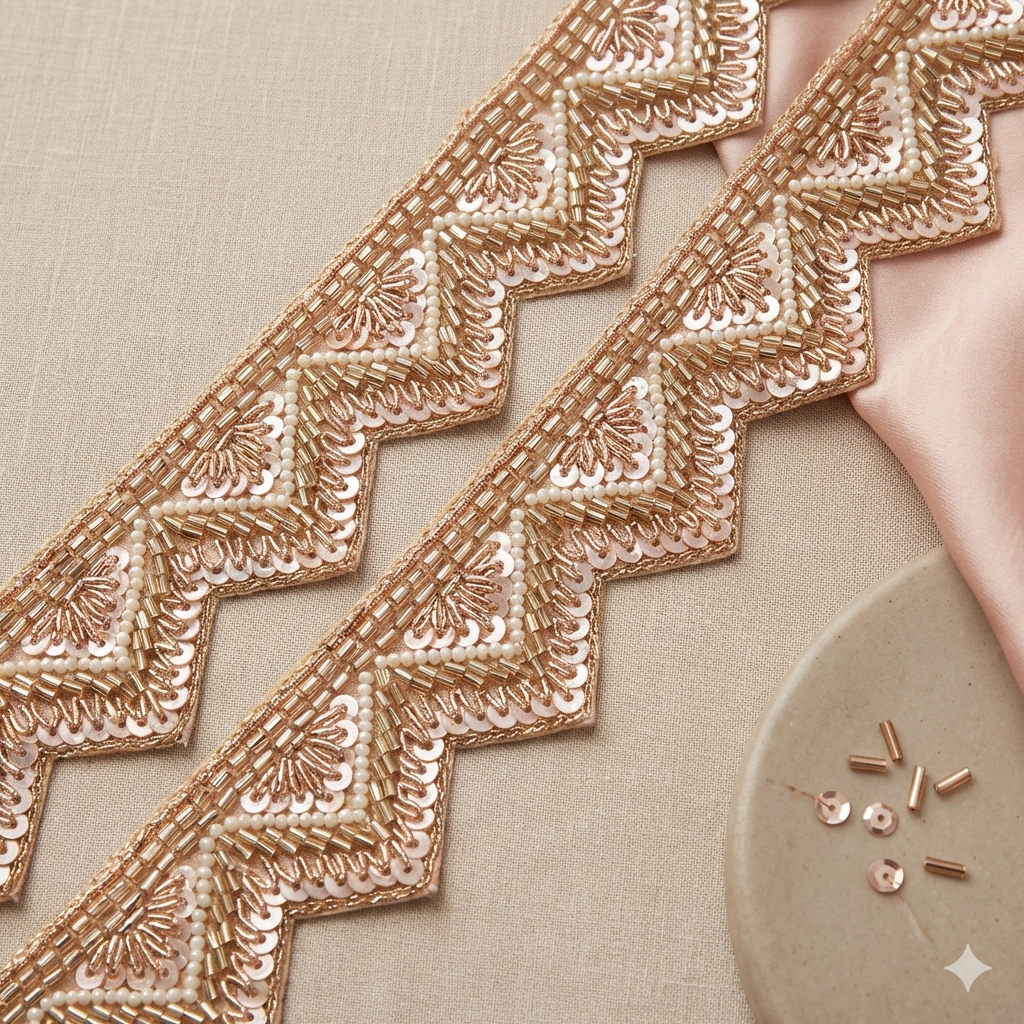 Rose Gold Geometric Pearl & Beaded Embroidered Lace Border