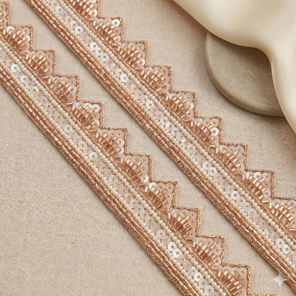 Rose Gold Scalloped Beaded, Sequin & Pearl Embroidered Lace