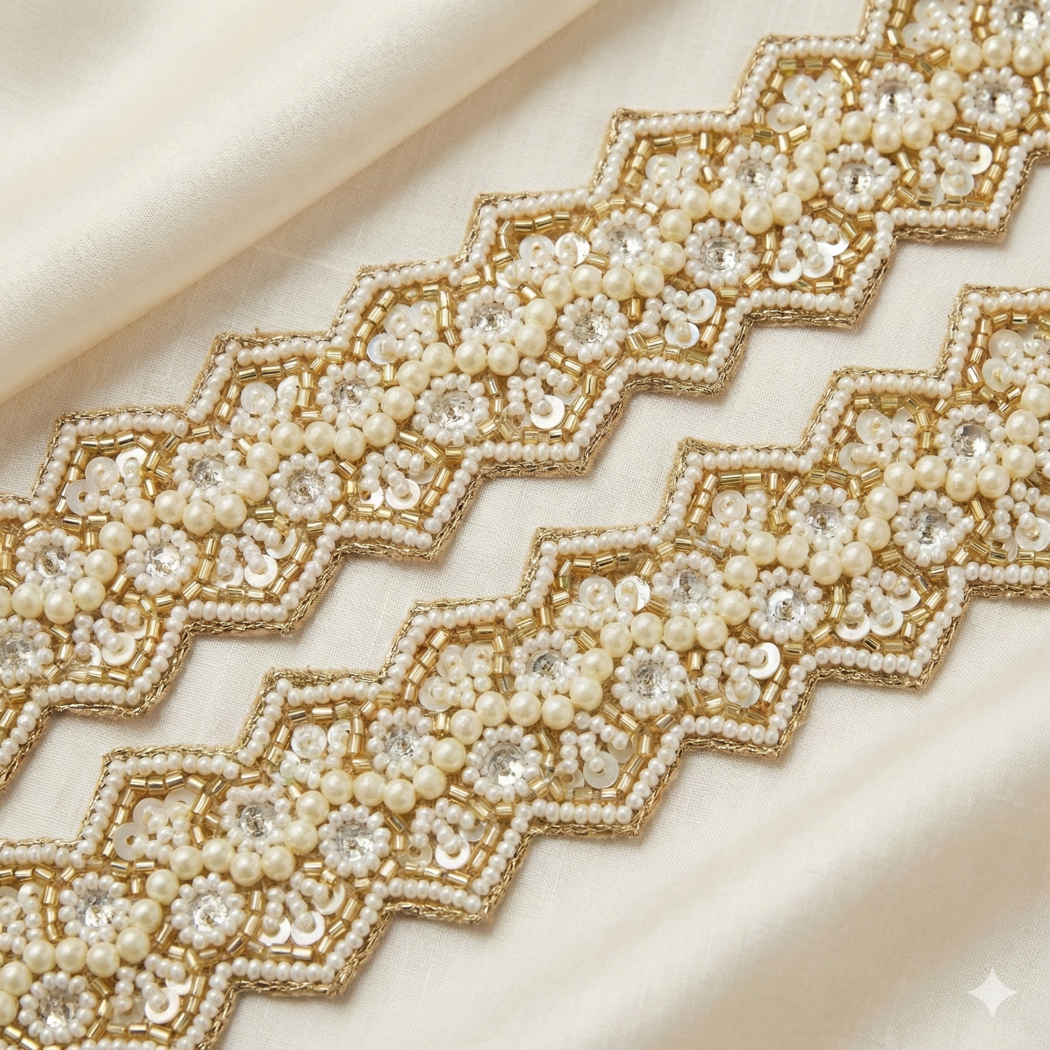 Gold and Ivory Pearl, Sequin & Stone Embroidered Geometric Trim