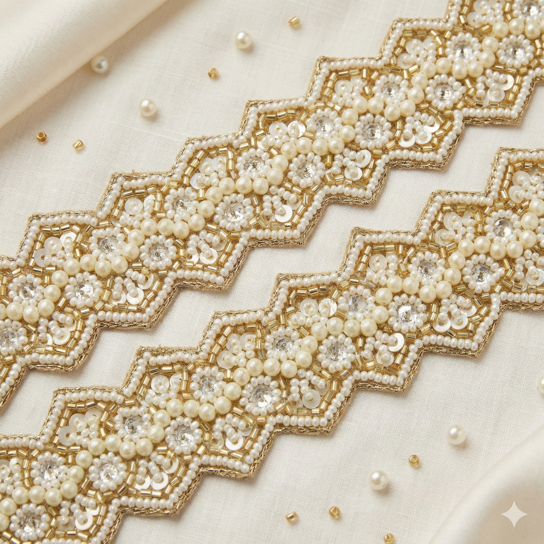 Gold and Ivory Pearl, Sequin & Stone Embroidered Geometric Trim