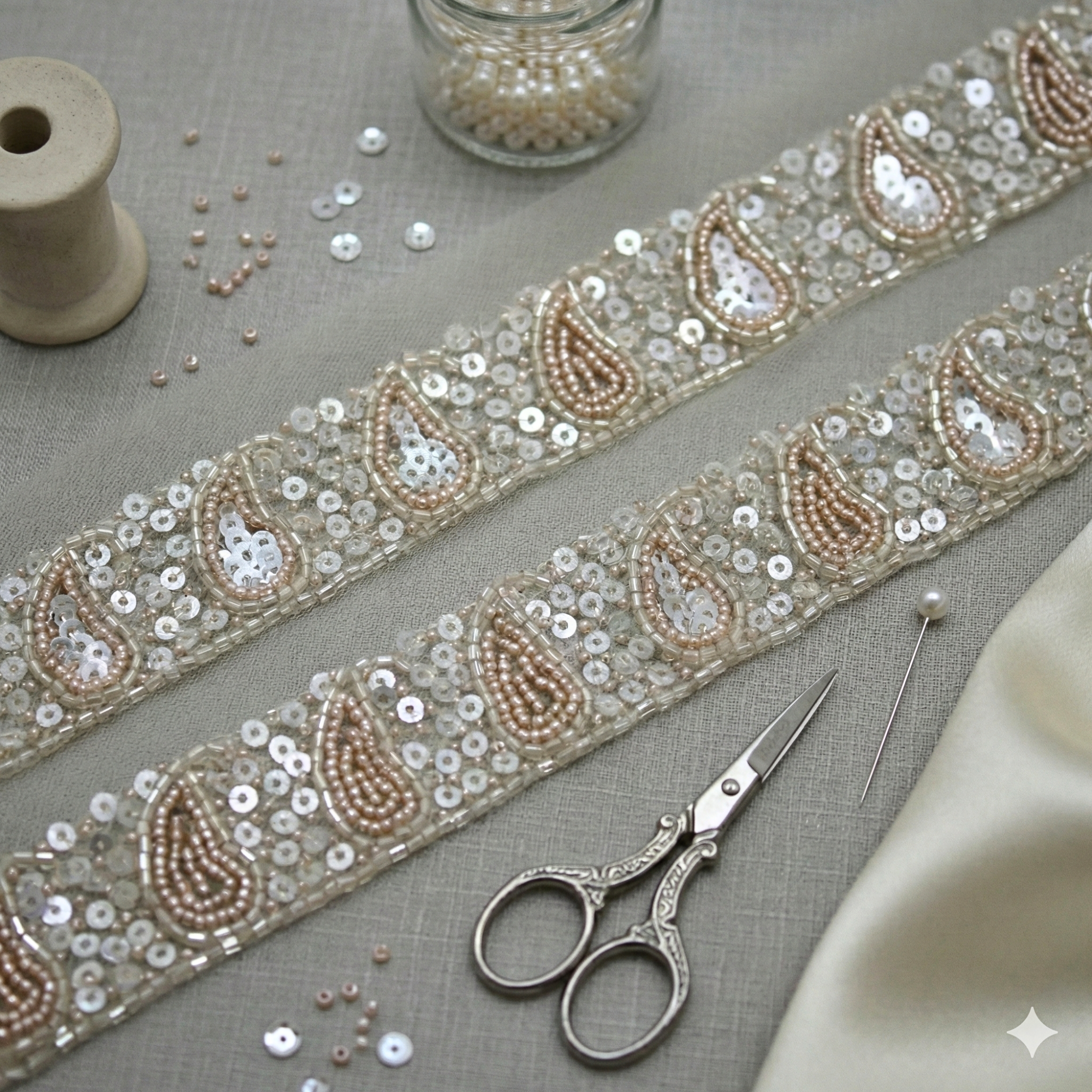 Peach Beads Embellished Handwork Trim