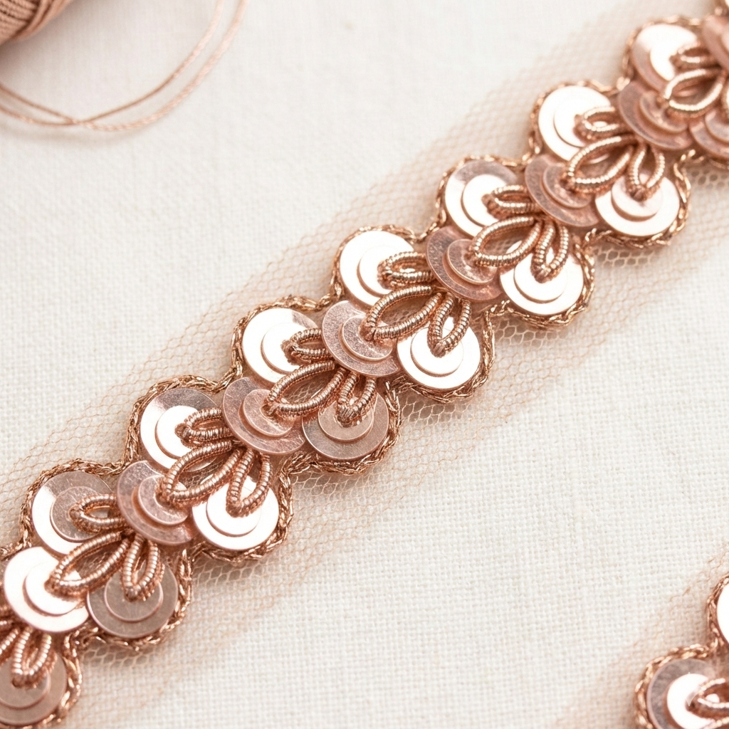 Rose Gold Shimmer Embroidered Handwork Lace Border