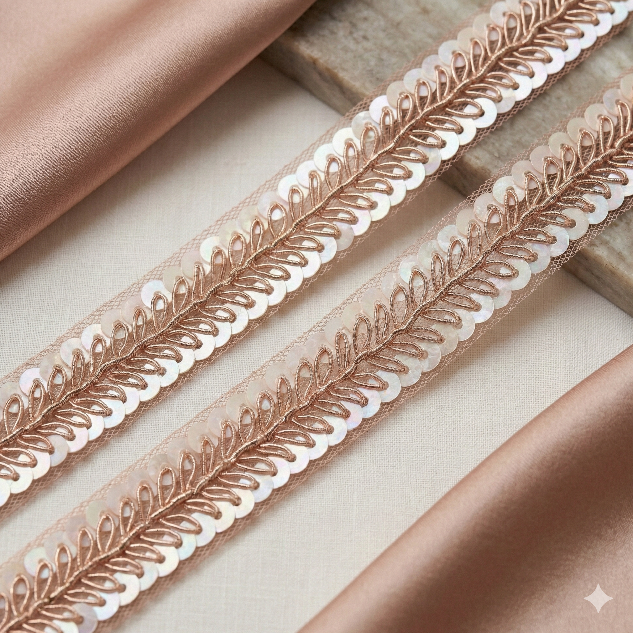 Rose Gold Shimmer Embroidered Handwork Lace Border