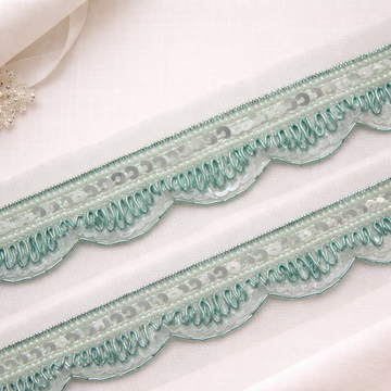 Sea Blue Sequin & Pearl Handmade Scalloped Lace Border Trim