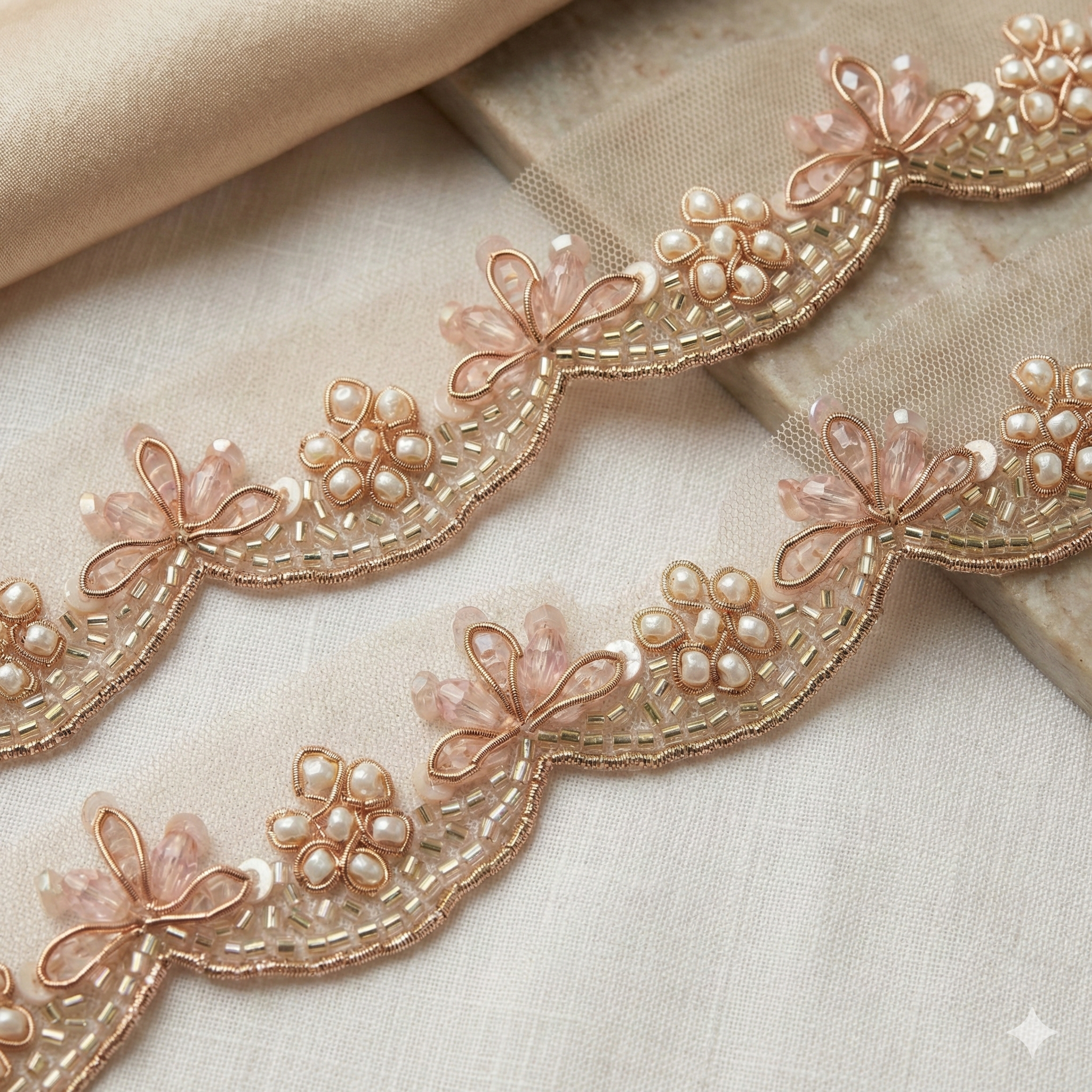Blush Pink Crystal, Pearl & Floral Hand Embroidered Scalloped Lace