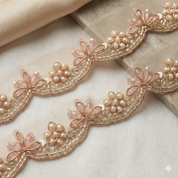 Blush Pink Crystal, Pearl & Floral Hand Embroidered Scalloped Lace