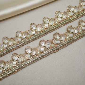 Golden Beads And Sequin Embellished Handwork Trim