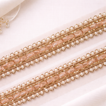 Peach Pearl & Gold Beaded Hand Embroidered Lace Border Trim