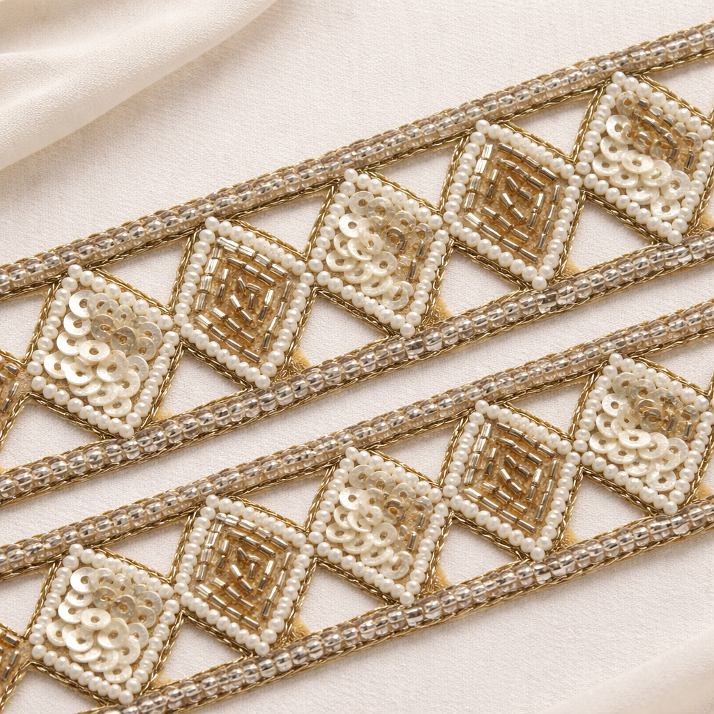 Golden And White Sequin Handwork Trim