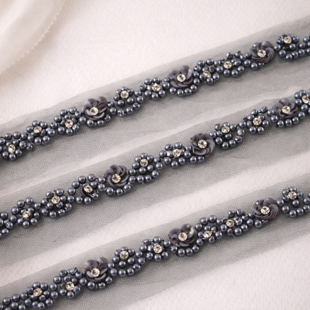 Grey Embellished Handwork Lace Border