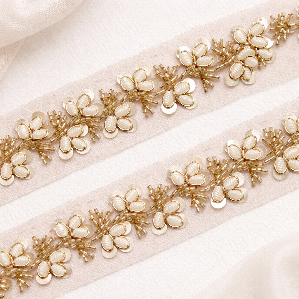 Golden and White Pearl and Stone Embellished Handwork Lace