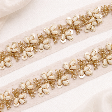 Golden and White Pearl and Stone Embellished Handwork Lace