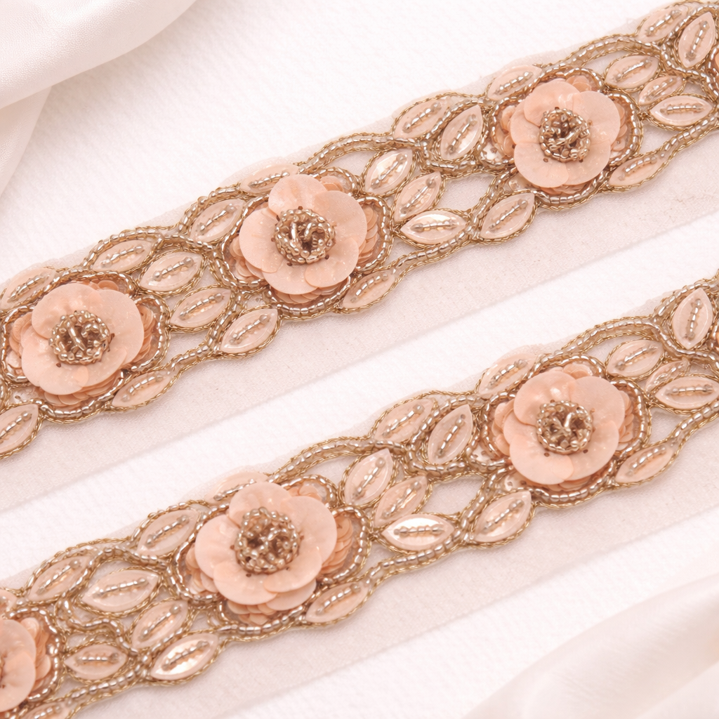 Peach And Gold Embellished Handwork Lace