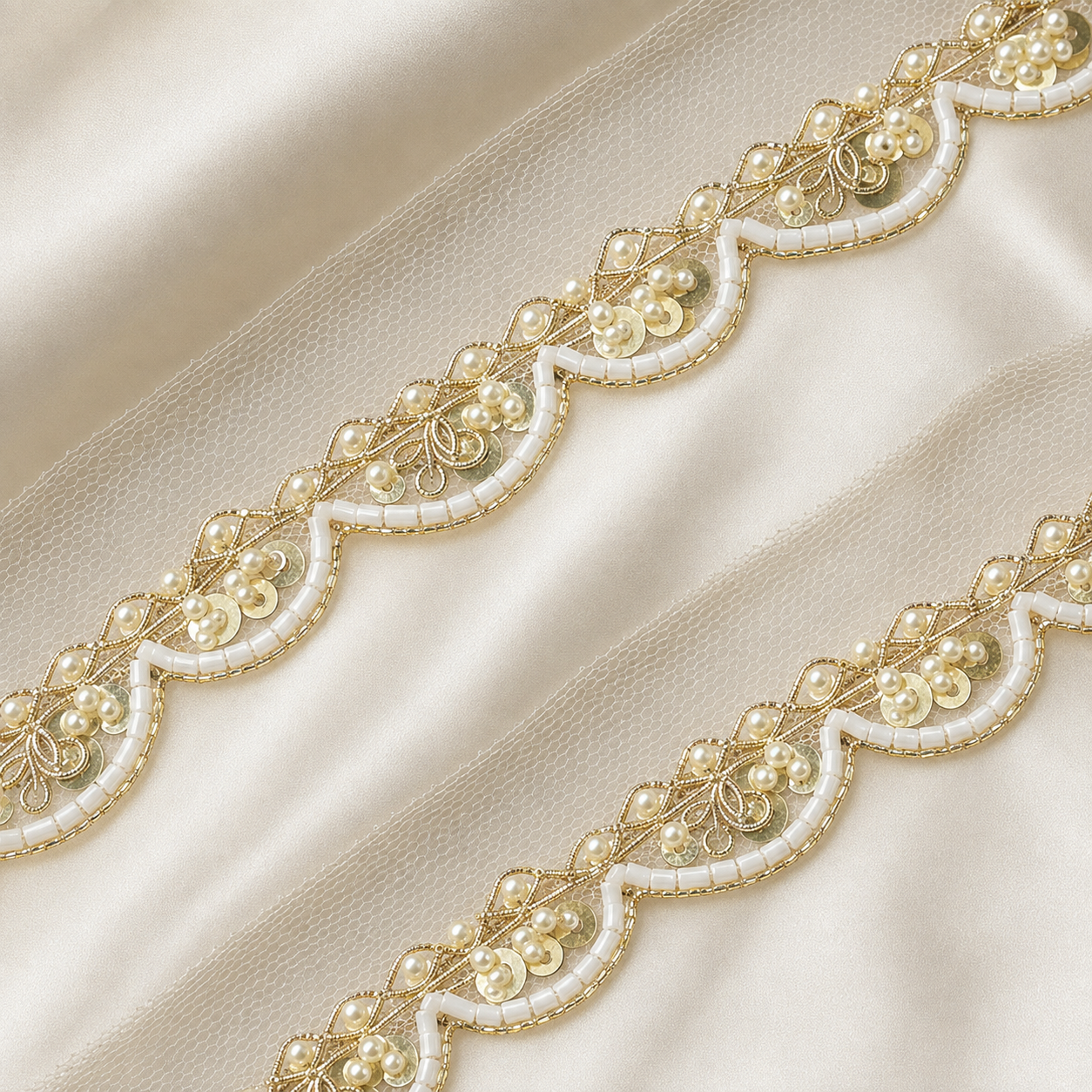 Pearl, Sequin & Bead Embellished Scalloped Lace Border