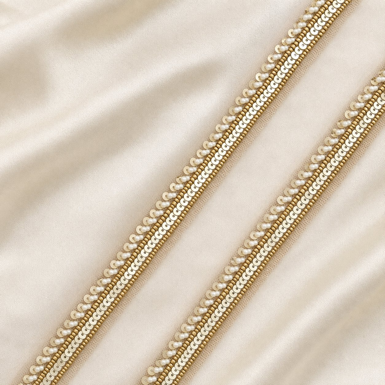 Handcrafted Pearl, Bead and Sequin Embroidered Lace Border