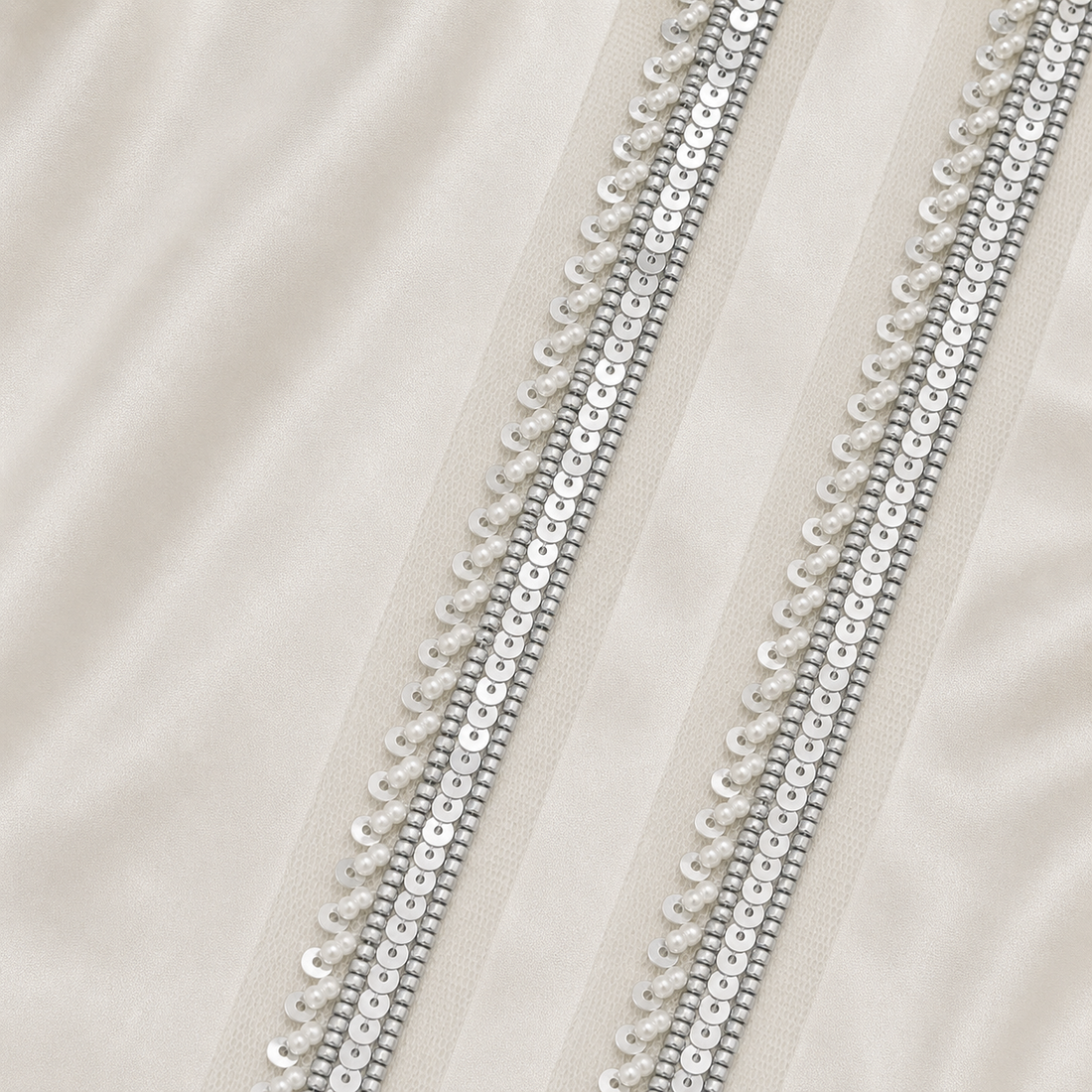 Handcrafted Pearl, Bead and Sequin Embroidered Lace Border