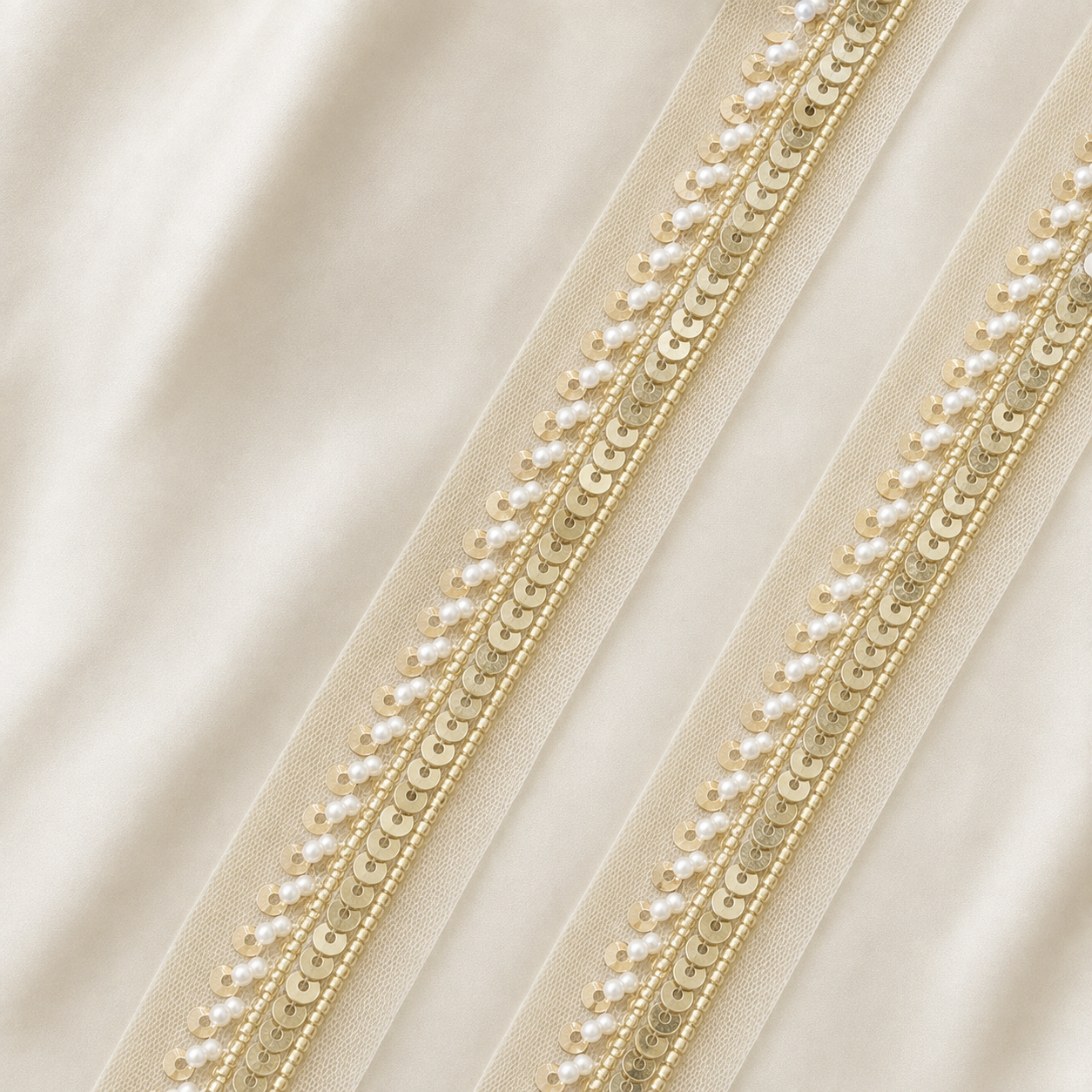 Handcrafted Pearl, Bead and Sequin Embroidered Lace Border