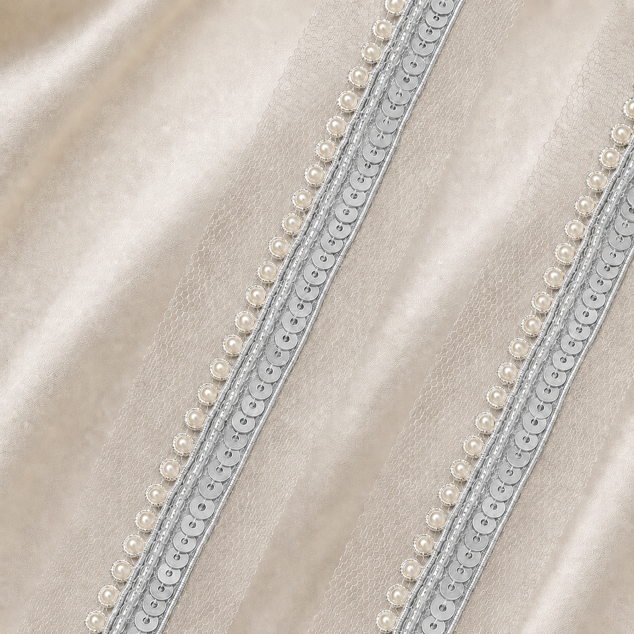 Pearl and Sequin Embroidered Net Lace Border
