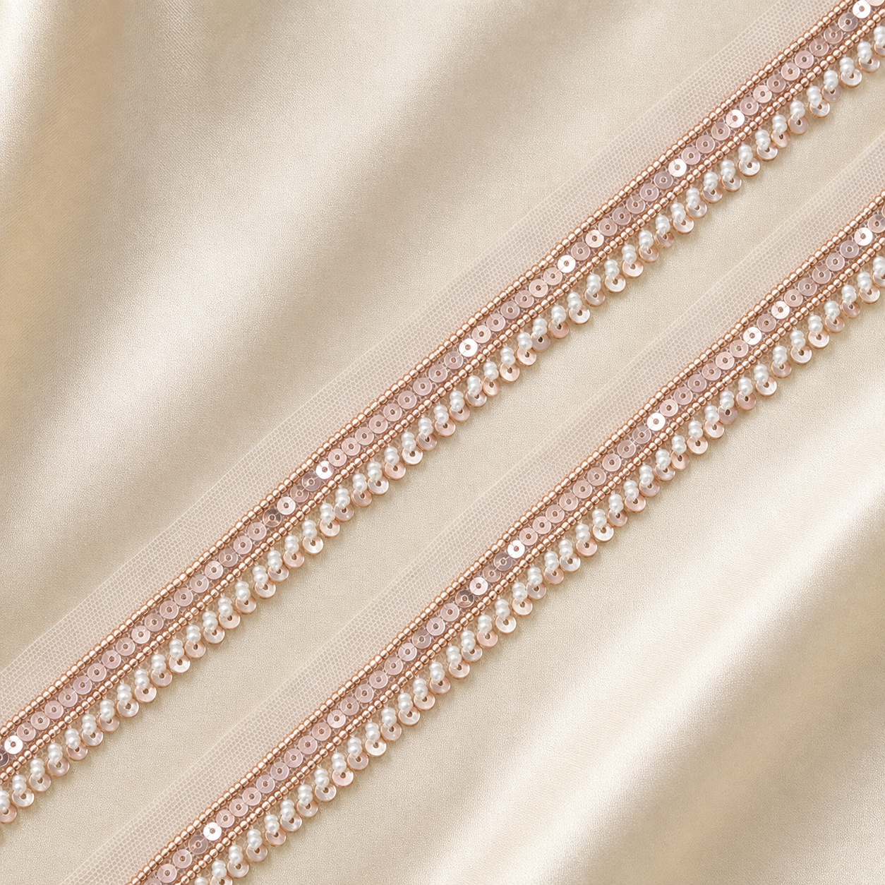 Pearl and Sequin Embroidered Scalloped Net Lace Border