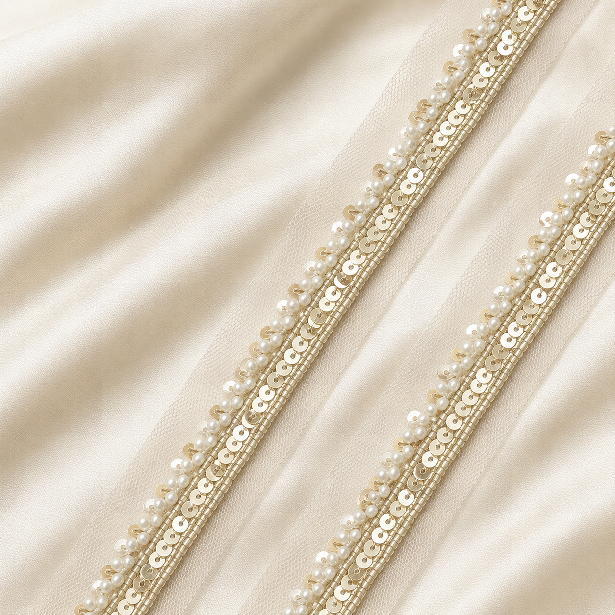 Pearl and Sequin Embroidered Scalloped Net Lace Border