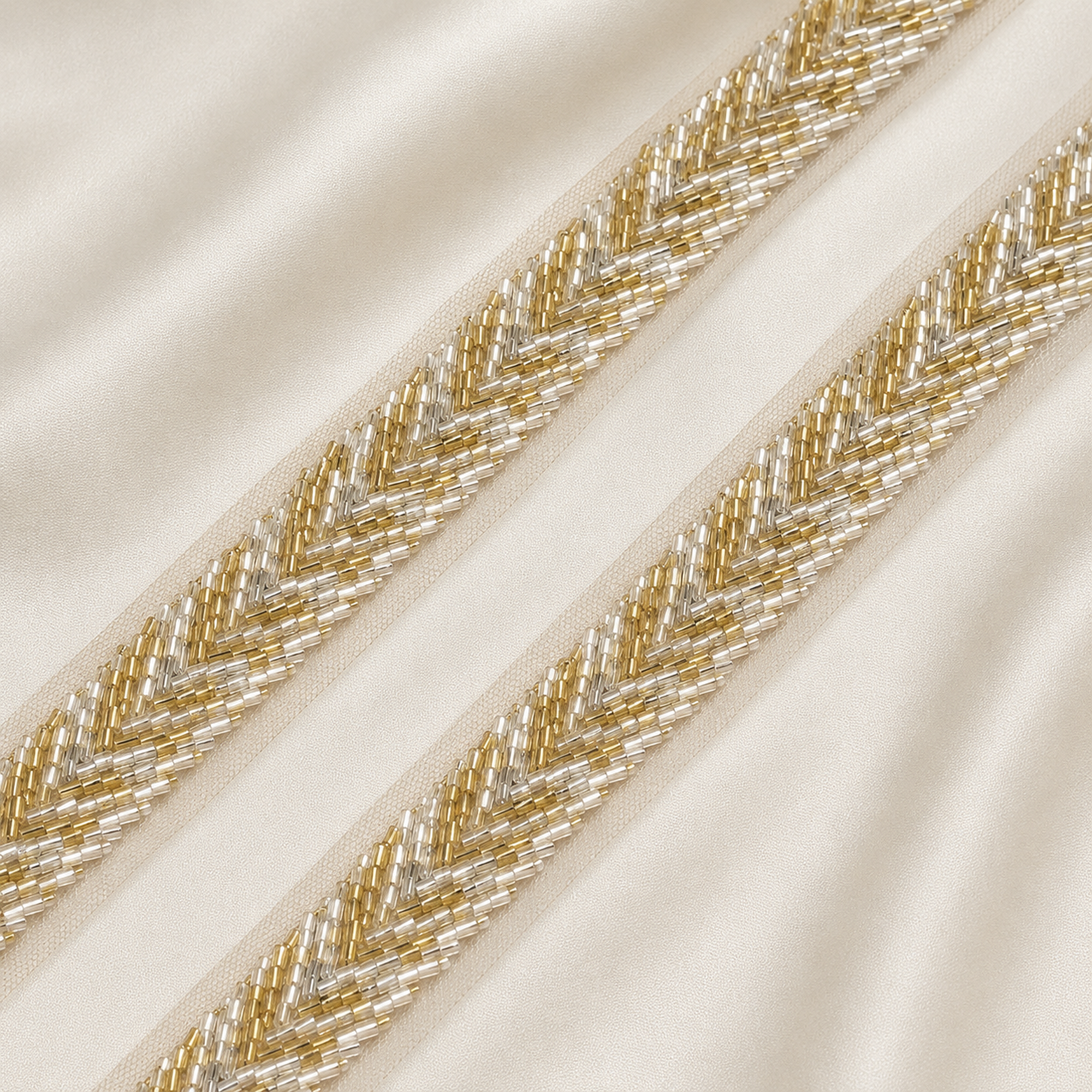 Handcrafted Chevron Bugle Bead Embroidered Lace Border