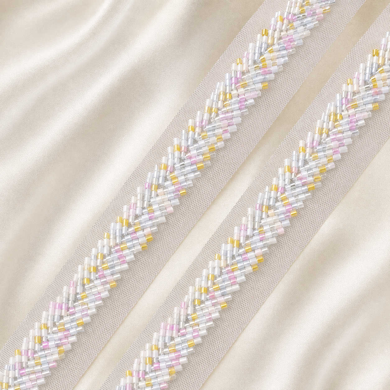 Handcrafted Chevron Bugle Bead Embroidered Lace Border
