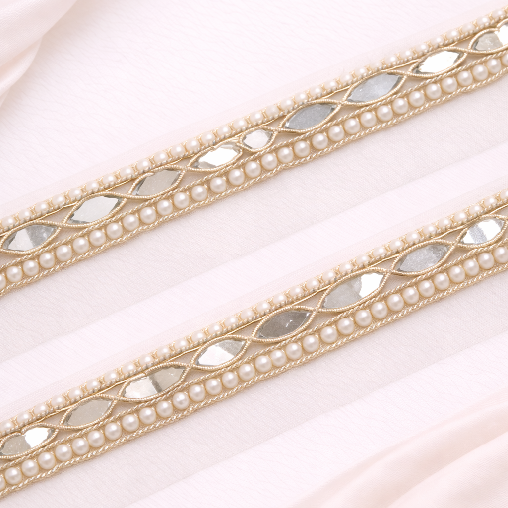 Golden Beads With Mirror Embellished Handwork Lace