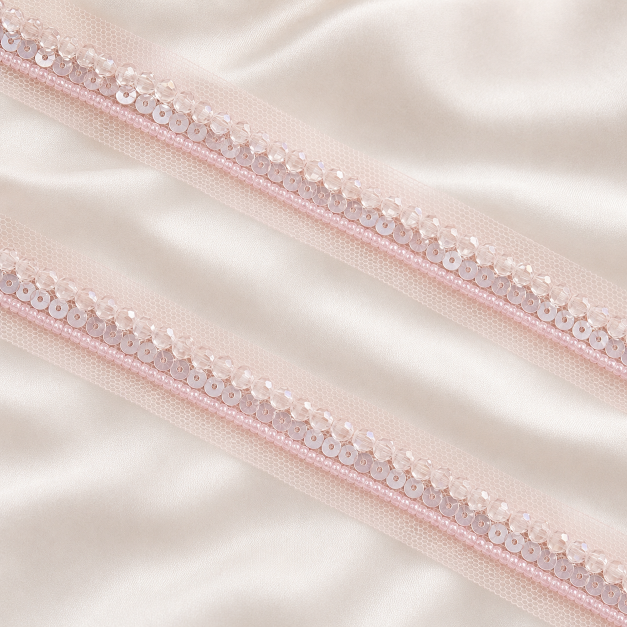 Pink Crystal, Pearl and Sequin Embellished Net Lace Trim