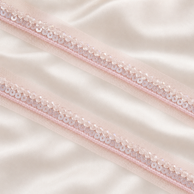 Pink Crystal, Pearl and Sequin Embellished Net Lace Trim