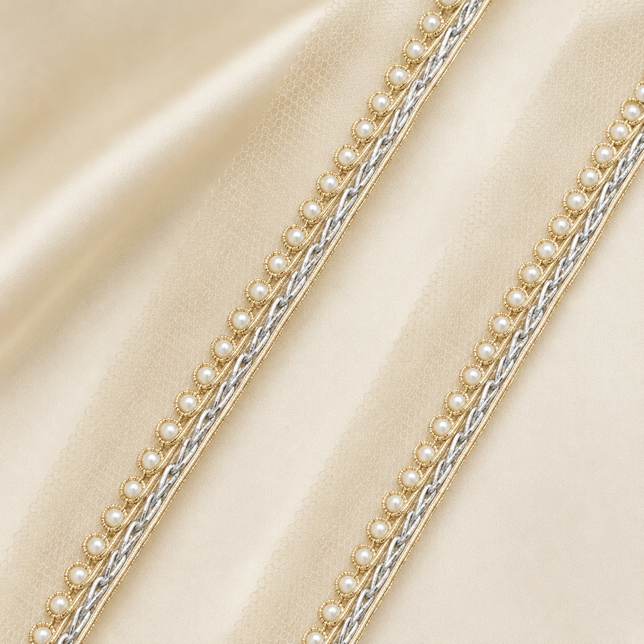 Pearl-Embellished Metallic Braided Lace Trim