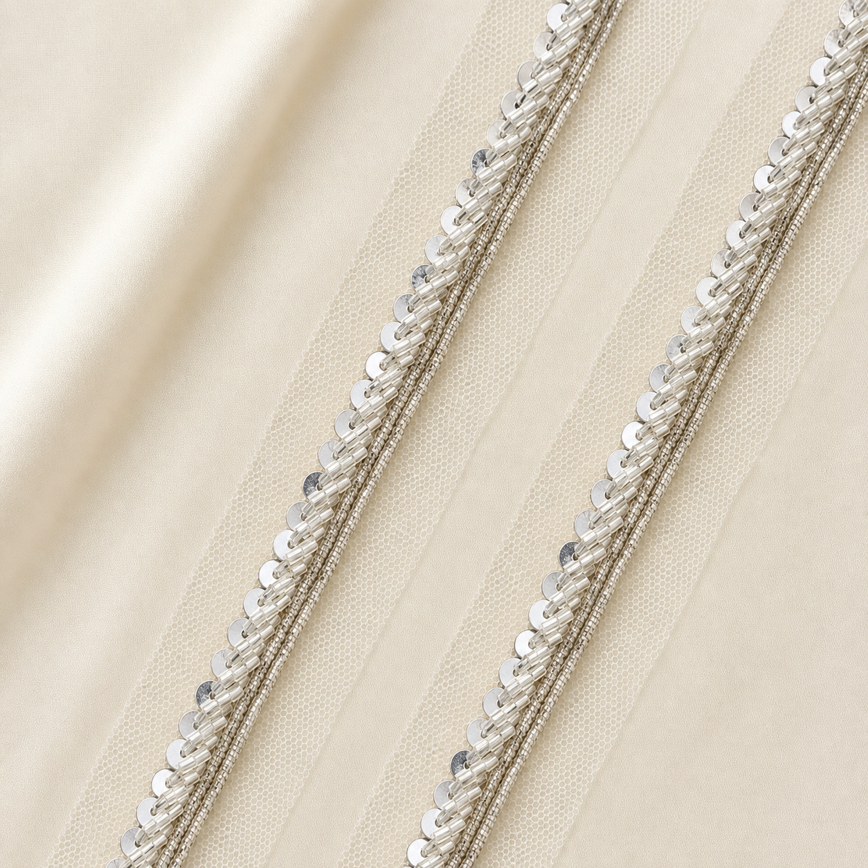 Sequin and Bugle Bead Embellished Narrow Lace Trim