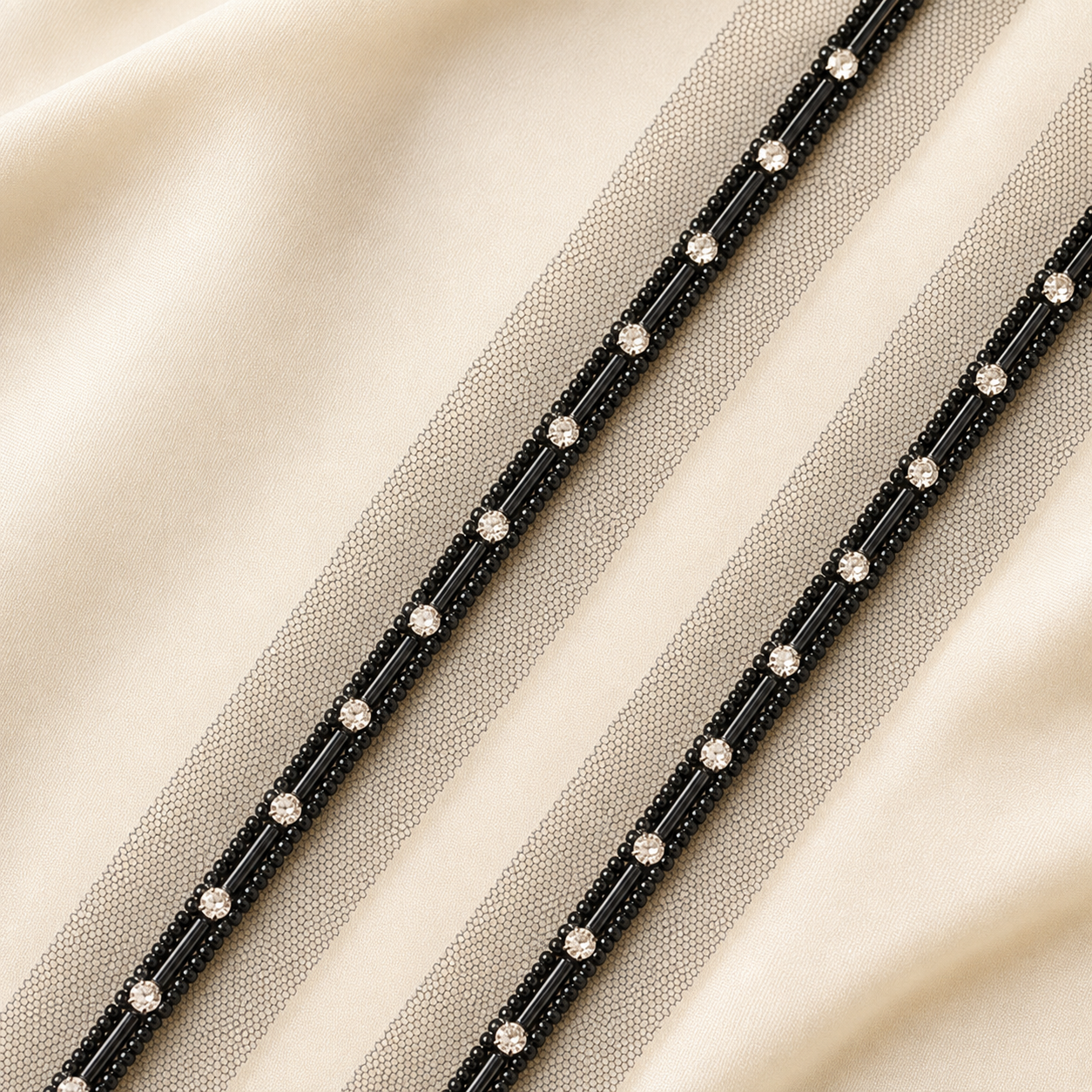Crystal and Bugle Bead Embellished Narrow Net Lace Trim