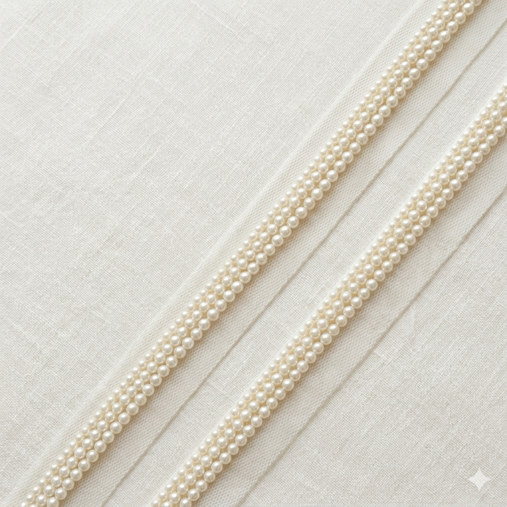 Triple Pearl Net Lace Trim Border for Bridal, Festive & Designer Wear